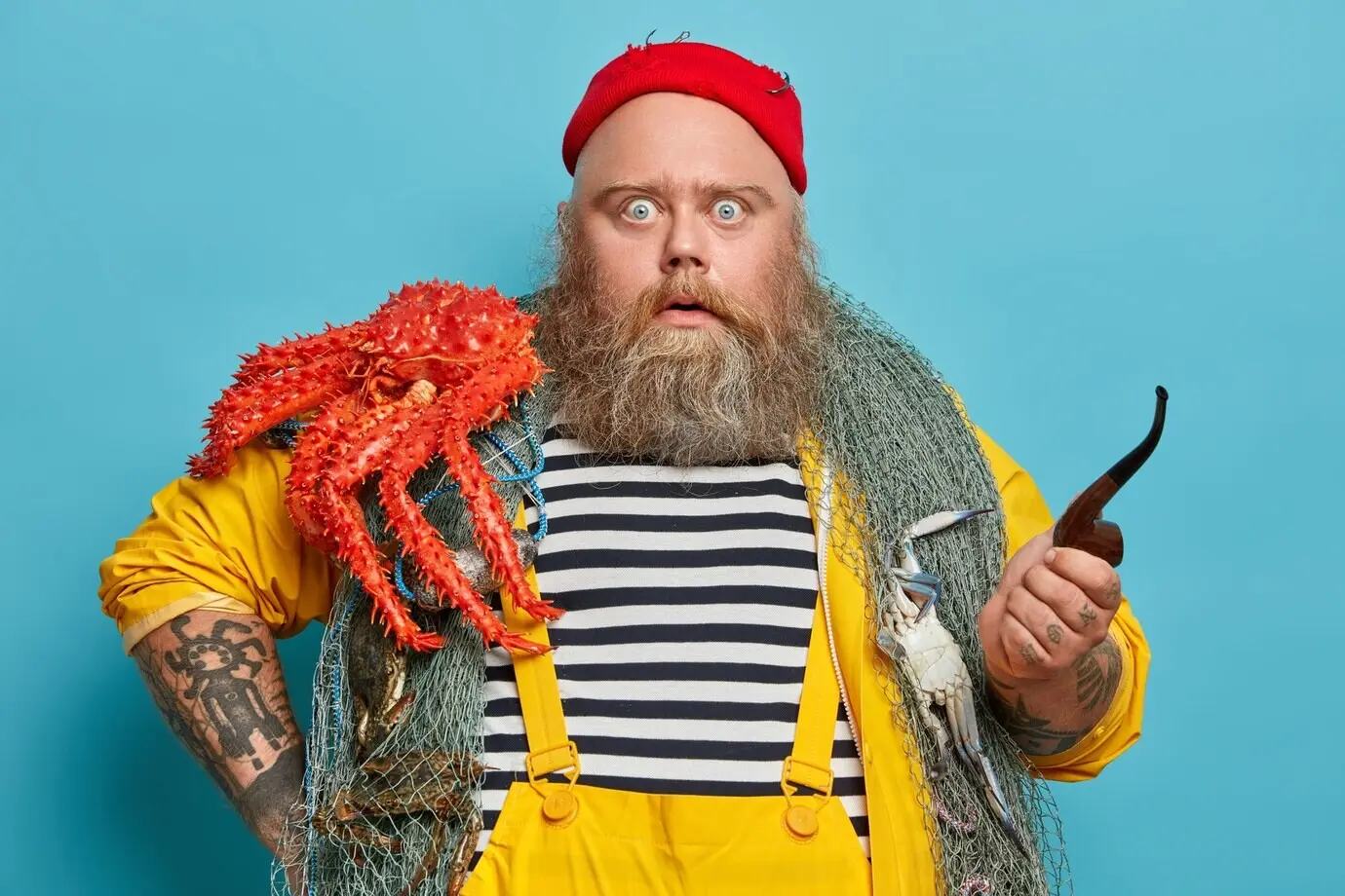 A male sailor, obese and bearded, with a fishing net.